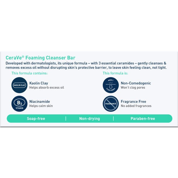 CeraVe Foaming Cleanser Bar for Oily Skin, Body and Face, Soap-free & Fragrance Free, 4.5 oz