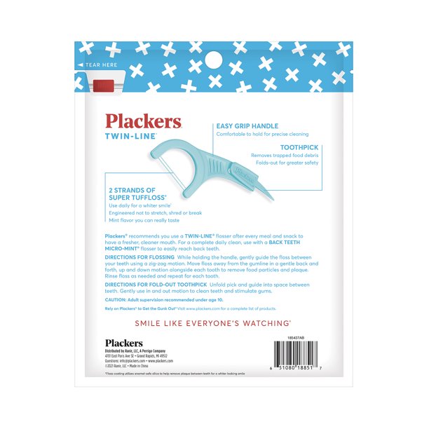 Plackers Twin-Line Dental Flossers, Dual Action Flossing System, Easy Storage, Super Tuffloss, 2X The Clean, Cool Mint Flavor,150 Count