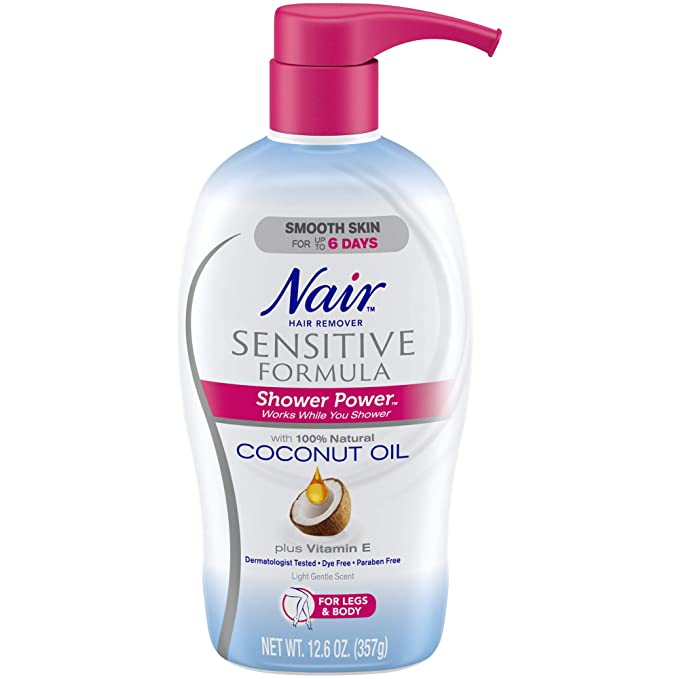 Nair Hair Remover Sensitive Formula Shower Power with Coconut Oil and Vitamin E, Light, Gentle Scent, 12.59