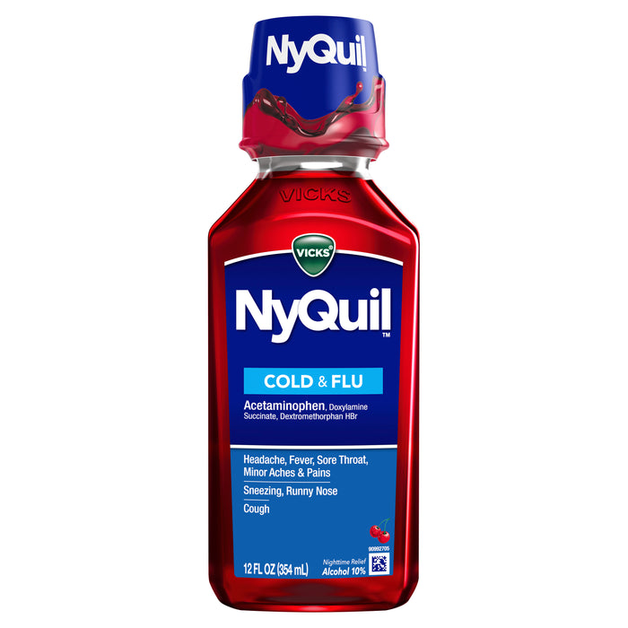 Vicks Nyquil, Night-time Cold & Flu Symptom Relief, Cherry, 12 fl oz