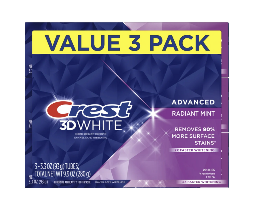 Crest 3D White Advanced Teeth Whitening Toothpaste, Radiant Mint - 3.3 oz, 3 Pack