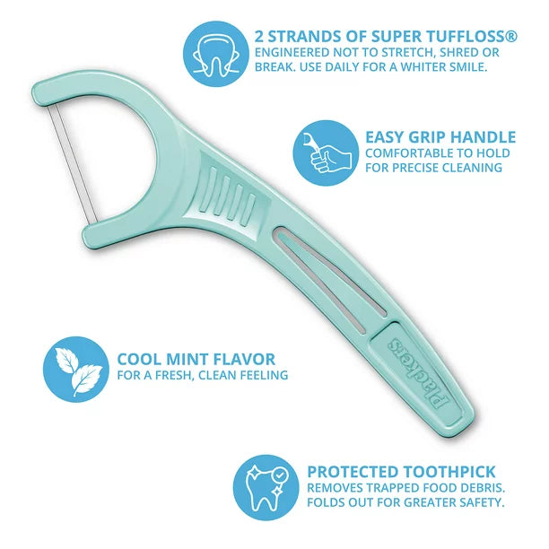 Plackers Twin-Line Dental Flossers, Dual Action Flossing System, Easy Storage, Super Tuffloss, 2X The Clean, Cool Mint Flavor,150 Count