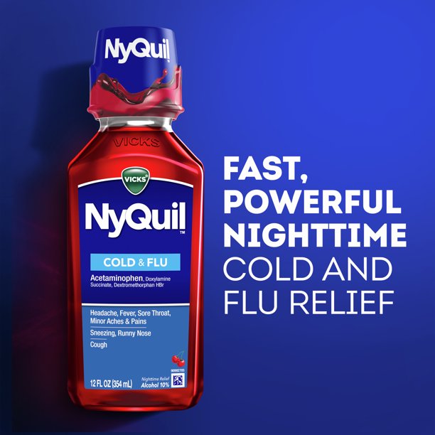 Vicks Nyquil, Night-time Cold & Flu Symptom Relief, Cherry, 12 fl oz